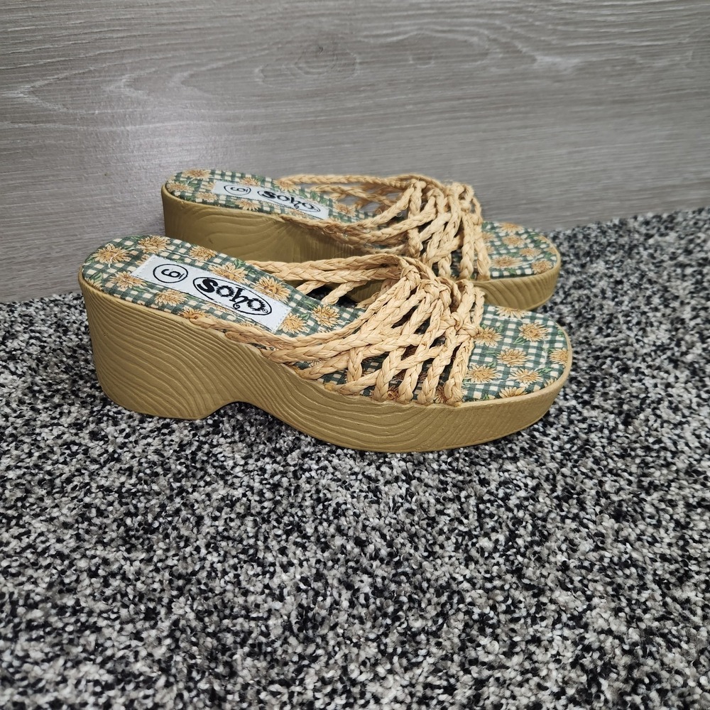 Y2k Vtg 90s Soho Chunky Wedge Sandal Slip On Braided Daisy Boho Preppy Chic Sz 6
